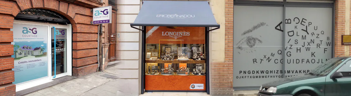 Films adhésifs micro-perforés ou dépolis avec impression numérique grand format posés sur les vitres de commerces, agences ou magasins