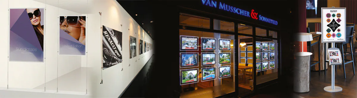 Affiches imprimés grand format avec différents systèmes d'accroche comme des cables montés sur cloison, plexi lumineux, petits totems amovibles