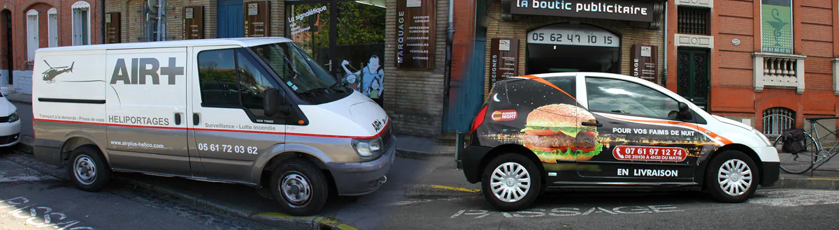 Marquage adhésif semi-covering sur le Citroen C3 d'un livreur de burgers et pour le Ford Transit d'une socité d'hélicoptères.
