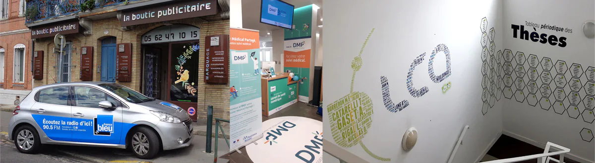 Flockage d'une voiture pour Radio France bleue - Des stands auto-portants, des affiches et un comptoir personnalisé pour la Sécurité Sociale - Une fresque murale dessinée, imprimée et posée par La boutic Publicitaire au sein de l'INP de Toulouse.jpg