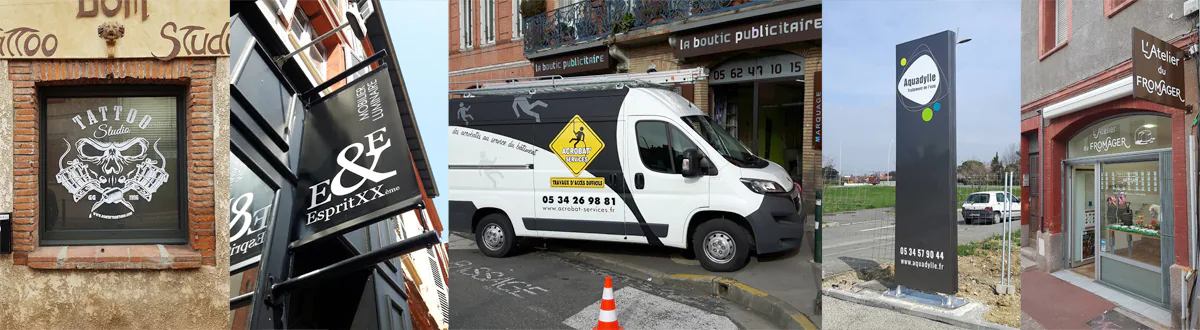 Lettres et motifs adhésifs collés sur vitres - Enseigne drapeau - Totem métallique avec marquage adhésif recto verso, conçu, fabriqué et posé par La Boutic Publicitaire