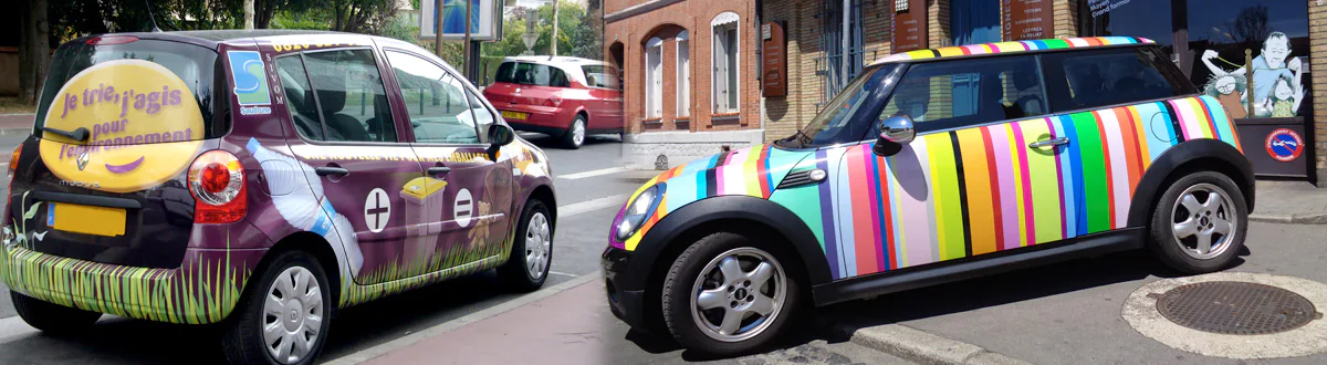 Total covering style Paul Smith sur Mini Cooper - Campagne publicitaire pour la promotion du recyclage recouvrant intégralement une Renault Modus